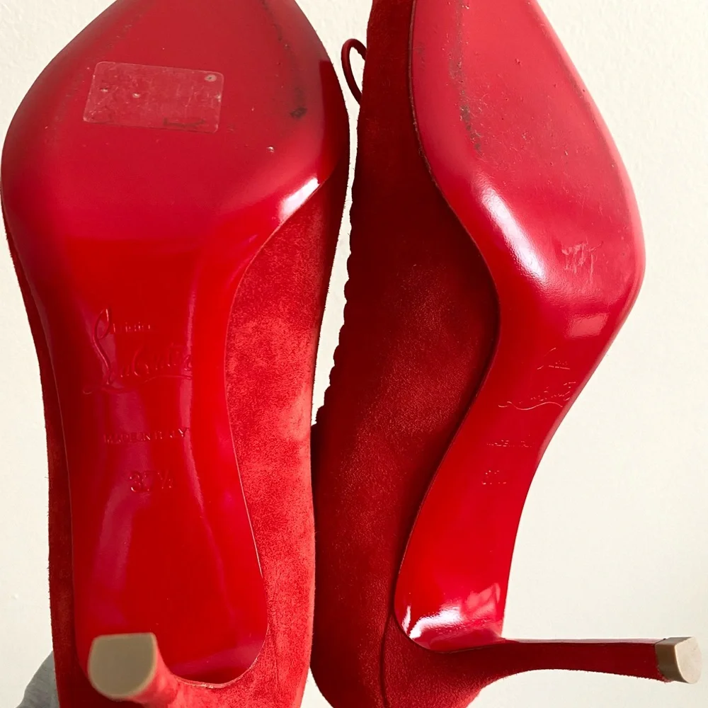 Christian Louboutin Cherry Red Scalopump 85MM Fraise Suede Heels 37.5 - Picture 10 of 12